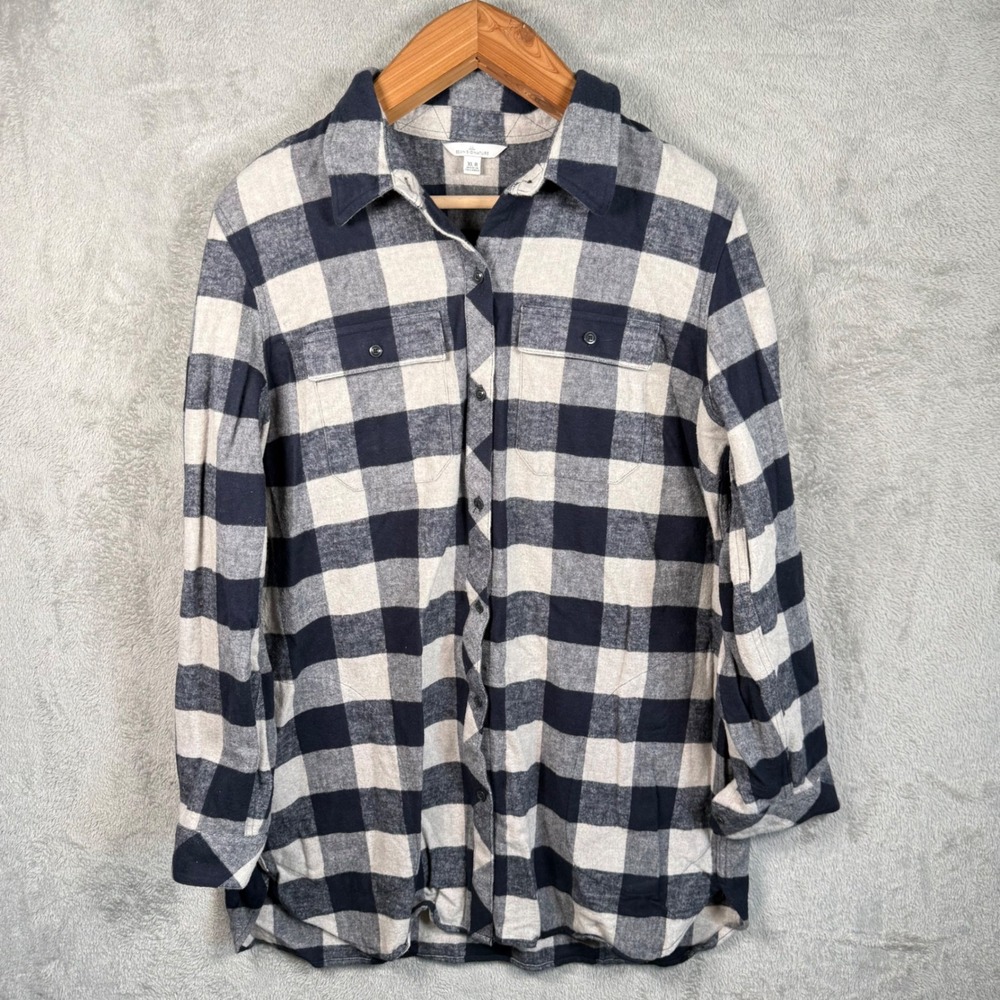 L.L. Bean Signature Chamois Cloth Shirt Women XL Navy Buffalo Plaid Flannel